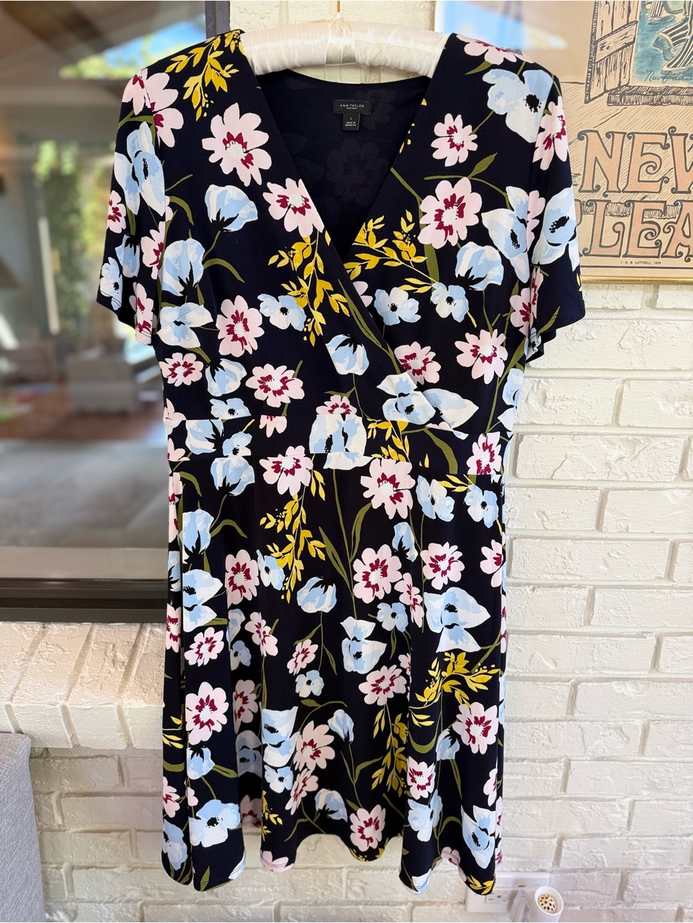 Ann Taylor Factory Floral Faux Wrap Dress Short Sleeve Navy Pink Blue L
